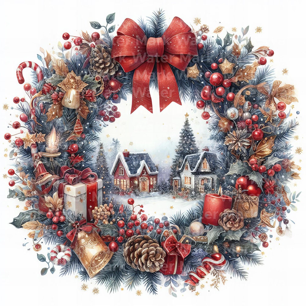 水彩画のクリスマスリースのクリップアート：松ぼっくり、ホリデー