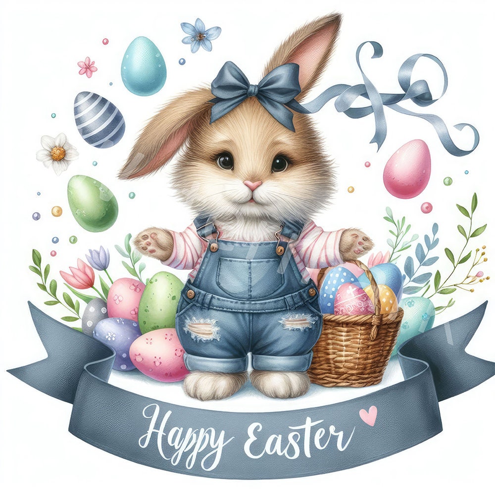 Happy Easter Clipart, 12 Jpg, Digital Download, Junk Journal, Easter Bunny Clipart, Digital