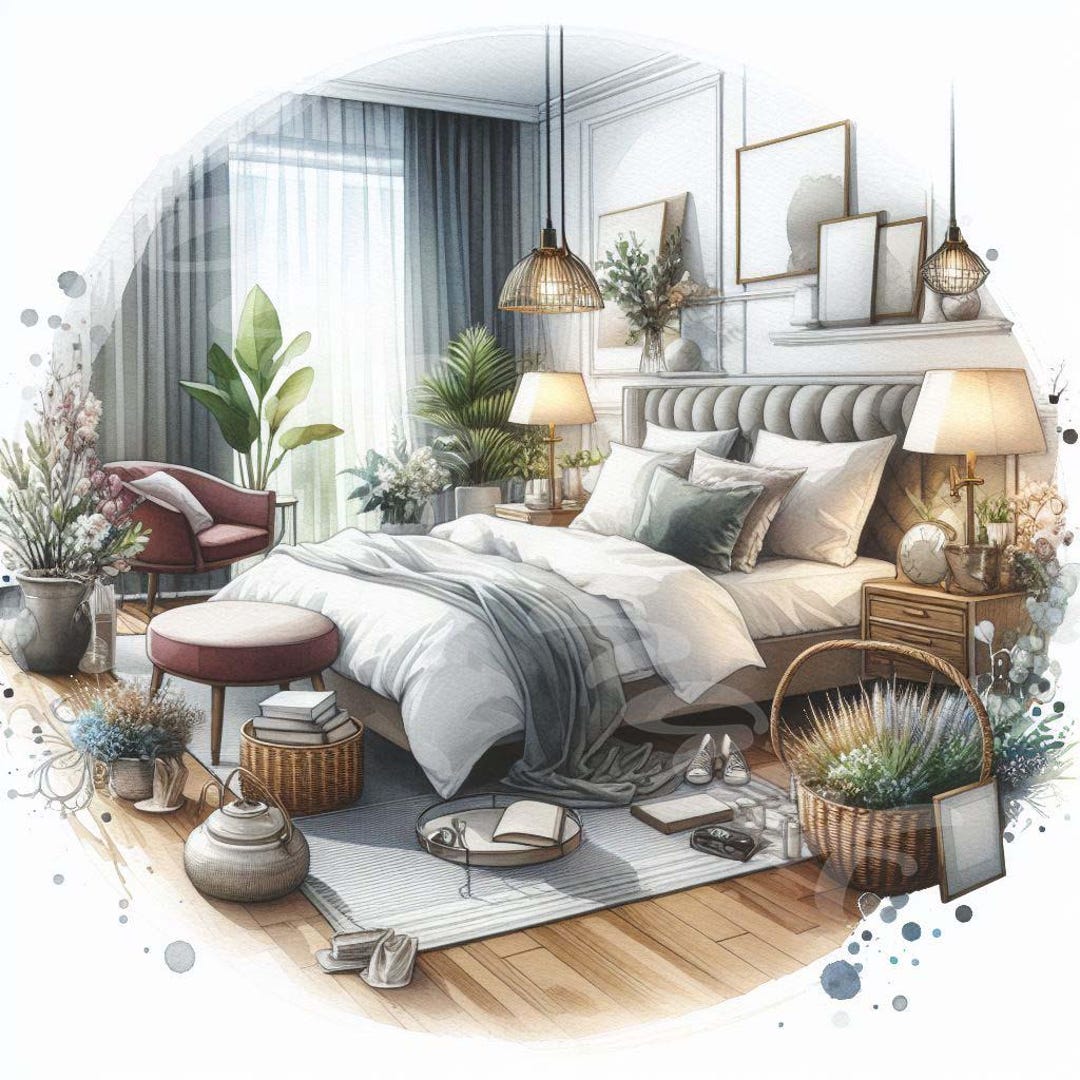 Watercolor Bedroom Clipart: Furniture \u0026 Decor (digital Download) - Etsy, image size:1080x1080