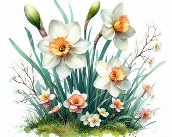 Watercolor Daffodils Clipart: Floral JPG Images (Digital Download)