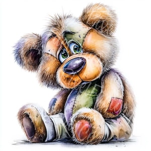 May include: A watercolour illustration of a teddy bear with a distressed, patched appearance. The bear has brown fur, green eyes, and a large, round nose. Patches of red, purple, and green are visible on the bear's body, giving it a vintage look.