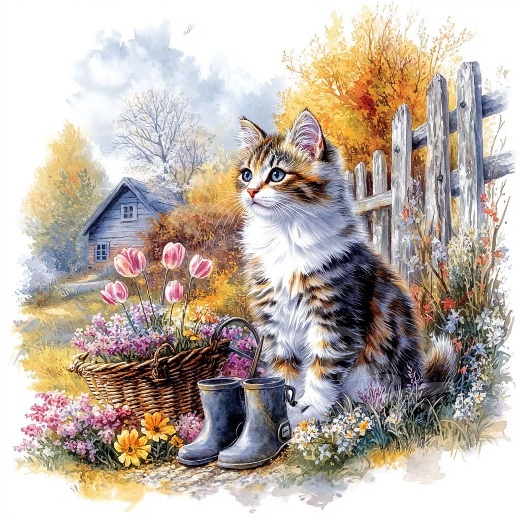 水彩画風の猫の庭のクリップアート：素朴な花のイラスト（JPGデジタル