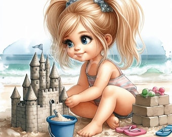 Clipart Girl On Beach: aquarelillustratie zandkasteel (digitale download)