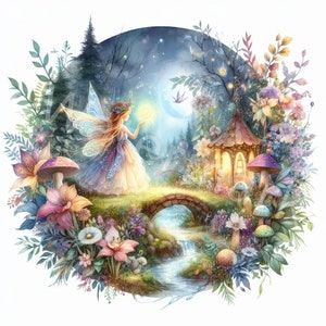May include: A whimsical fairy with wings and a flower crown stands on a stone bridge over a stream in a magical forest. The fairy holds a glowing orb in her hand. The forest is filled with flowers, mushrooms, and a small cottage with a lantern.