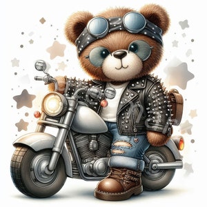 Coole Teddybär Motorradfahrer Clipart, 12 JPG, digitaler Download, Aquarell Teddybär, Wandkunst, Kartenherstellung, Junk Journal, Scrapbooking