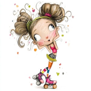 Cute Funny Girl Clipart Bundle Curly Hair Art Cartoon Girl Illustrations JPG Digital Download Printable Art For Scrapbook Cardmaking Crafts
