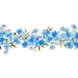 May include: A watercolor illustration of a border of blue forget-me-not flowers with green leaves.