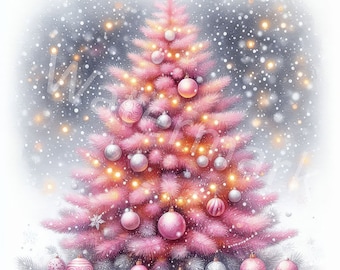 Könnte beinhalten: Ein rosa Weihnachtsbaum, geschmückt mit silbernen und rosafarbenen Kugeln und weißen Lichtern vor einem verschneiten Hintergrund.
