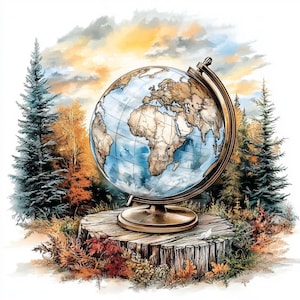 Peut inclure: Un globe terrestre bleu avec une masse terrestre brune posé sur une souche d'arbre dans un environnement forestier. Le globe est entouré d'arbres et de feuillage, avec un coucher de soleil en arrière-plan.