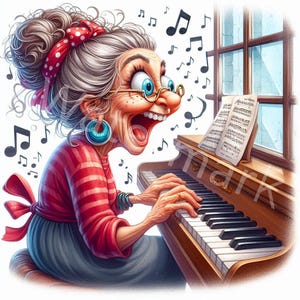 Grappige muzikale senior vrouw clipart, 12 JPG, oma pianospelen, eigenzinnige oude dame, junk Journal, digitale papierkunst, digitale download