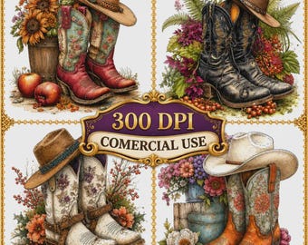 Rustic Cowboy Boots Floral Clipart Digital Download Junk Journal Cards Scrapbooking Graphics 15 JPG