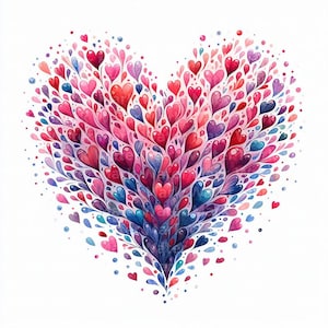 Pode incluir: Uma pintura em aquarela de uma forma de cora&ccedil;&atilde;o composta por muitos cora&ccedil;&otilde;es pequenos em tons de rosa, vermelho, azul e roxo.