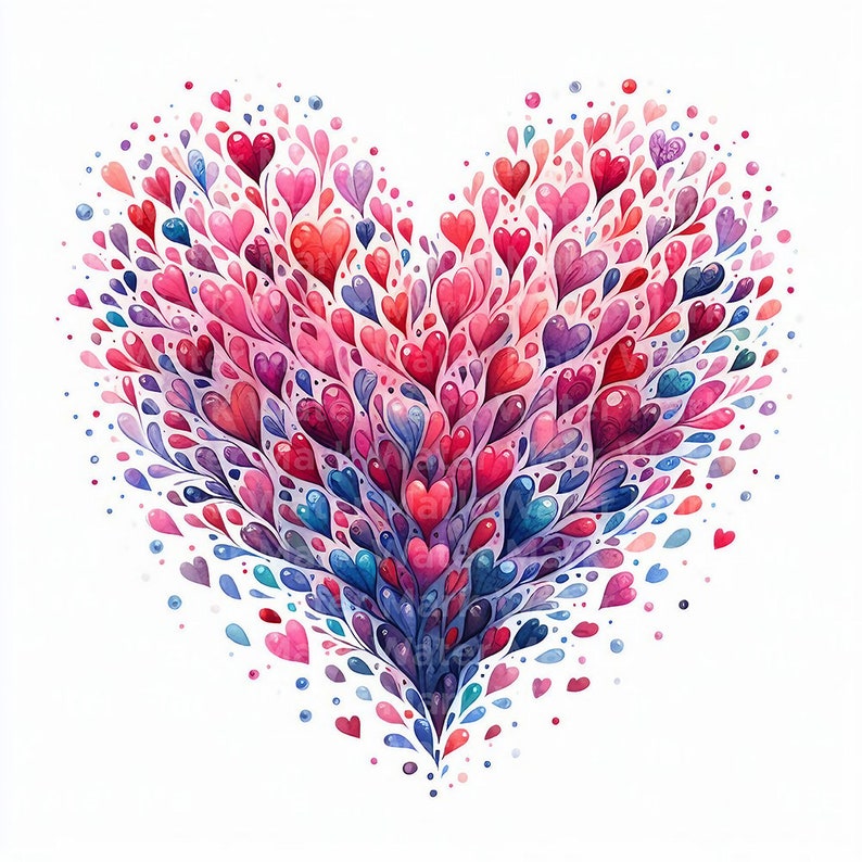 Pode incluir: Uma pintura em aquarela de uma forma de cora&ccedil;&atilde;o composta por muitos cora&ccedil;&otilde;es pequenos em tons de rosa, vermelho, azul e roxo.