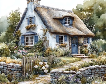 Watercolor Cottage Clipart: English Country Cottage Illustrations (JPG Digital Files)