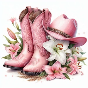 Clipart di stivali da cowgirl, cappello western, arte floreale, clipart JPG digitale per decorazioni di biglietti, progetti di arte murale, design per feste in stile country, diario di scarto
