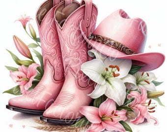 May include: Pink cowboy boots with intricate designs, a pink cowboy hat with a beaded band, and white and pink lilies.
