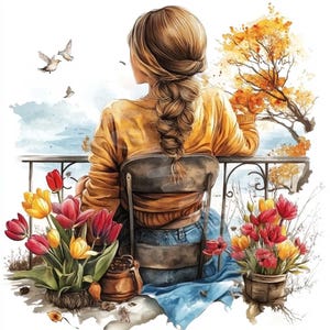 Lente meisje clipart lente bloemen vrouw tulpen narcissen kaart maken stickers ongewenste dagboek plakboeken papier ambachten digitale download 12 JPG