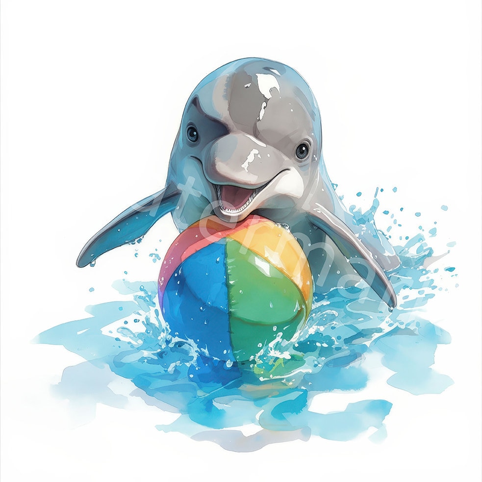 水彩画のイルカの赤ちゃんのクリップアート：デジタルイラスト（JPG