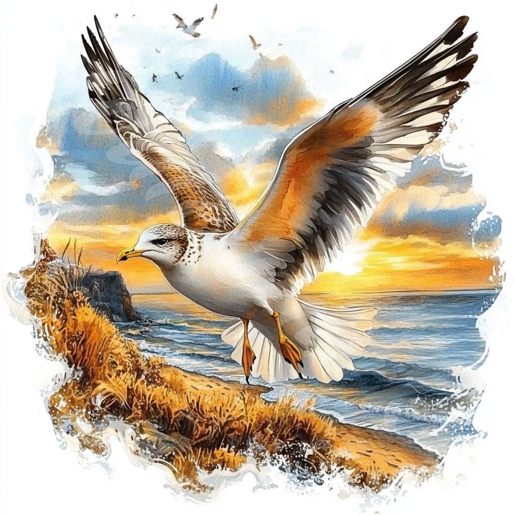 絵画　鳥　海 水彩カモメのクリップアート：海辺の鳥のグラフィック（デジタル