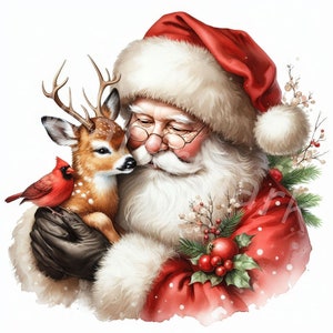 May include: Santa Claus with a white beard and red hat is holding a small brown deer with white spots and a red cardinal bird. The deer is looking at Santa and the cardinal is perched on Santa's hand.