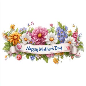 Szczęśliwego Dnia Matki Clipart JPG Bukiet Kwiatów Baner Stokrotka Tulipan Fiolet Wiosenne Kwiaty Styl Akwarela Wydrukuj Sztuka Pobierz Scrapbooking