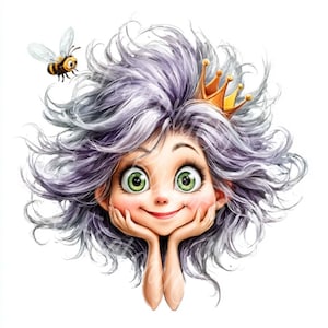 Funny Cartoon Girl Clipart With Crazy Hair Crown And Fairy Wings JPG Files For Cardmaking Scrapbooking Journal Projects Art Prints Cards