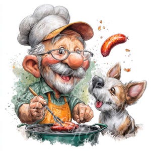Pacchetto di clipart divertenti per barbecue del nonno 11 JPG in stile acquerello, picnic estivo, barbecue all'aperto, arte per artigianato, biglietti, album, uso commerciale