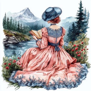 Clipart femme élégante victorienne, femme vintage avec livre, téléchargement numérique, journal indésirable, autocollants, travaux manuels en papier numérique, album de scrapbooking, 12 JPG
