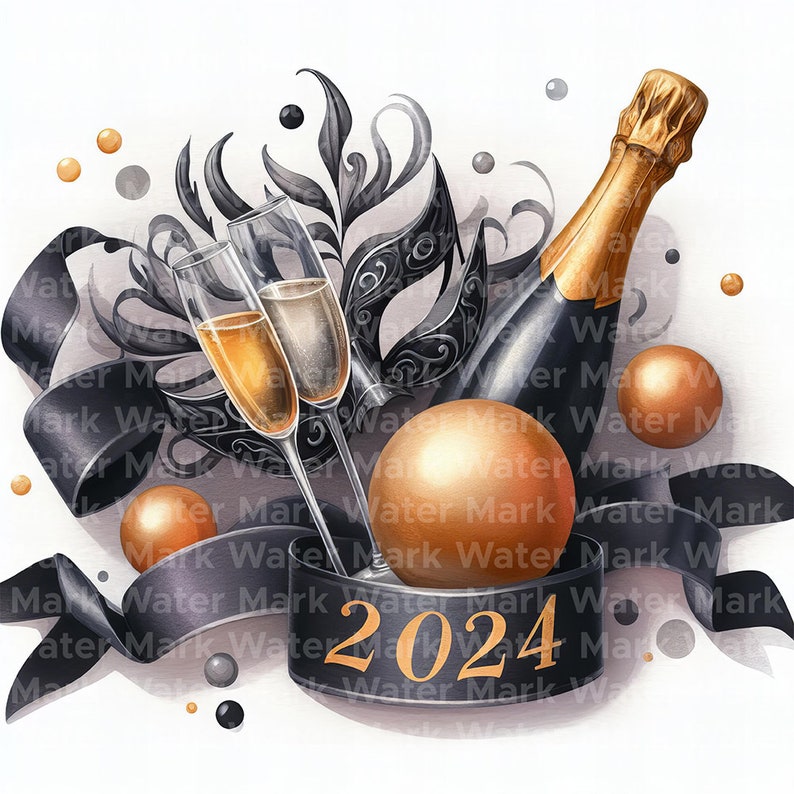 New Year 2024 Clipart, 12 JPG, Digital Download, New Year's Eve Clipart