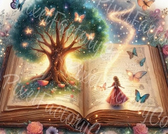May include: A whimsical illustration of an open book with a tree growing from its pages. Butterflies and a girl in a red dress are featured. The artwork is filled with soft colors, stars, and floral accents, creating a magical, fairytale theme.