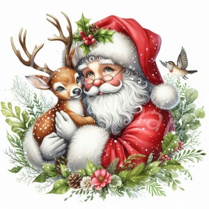 May include: Santa Claus in a red suit with a white beard and hat holds a brown and white spotted fawn in his arms.  The fawn has large brown eyes and a white nose.  There are green leaves and red berries around them.