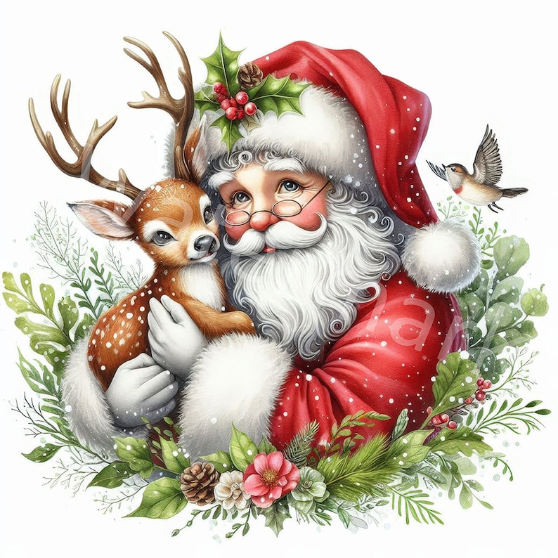 May include: Santa Claus in a red suit with a white beard and hat holds a brown and white spotted fawn in his arms.  The fawn has large brown eyes and a white nose.  There are green leaves and red berries around them.