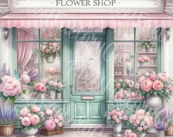 Watercolor Vintage Flower Shop Clipart: Floral Boutique Illustrations (JPG Digital Download)