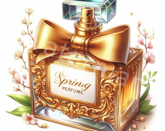 May include: A gold perfume bottle with a large bow and a clear glass body. The bottle has an ornate design and the label reads "Spring Perfume".