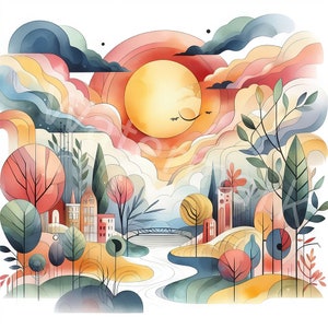 Clipart abstrait paysage, 12 JPG, téléchargement numérique, clipart coucher de soleil, créations numériques en papier, peintures modernes, clipart art mural, fabrication de cartes