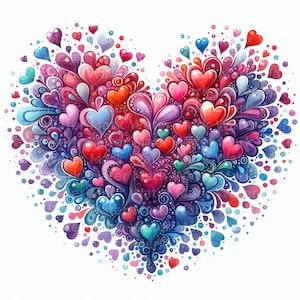 Pode incluir: Uma pintura em aquarela de uma forma de cora&ccedil;&atilde;o composta por muitos cora&ccedil;&otilde;es pequenos em tons de rosa, vermelho, azul e roxo. Os cora&ccedil;&otilde;es s&atilde;o cercados por redemoinhos e pontos.