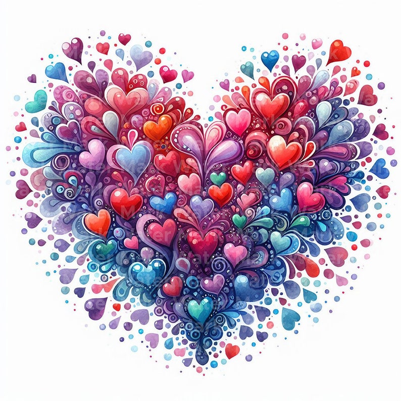 Pode incluir: Uma pintura em aquarela de uma forma de cora&ccedil;&atilde;o composta por muitos cora&ccedil;&otilde;es pequenos em tons de rosa, vermelho, azul e roxo. Os cora&ccedil;&otilde;es s&atilde;o cercados por redemoinhos e pontos.
