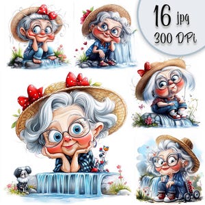 Funny Grandma Clipart Set Watercolor Cute Old Lady Character JPG Digital Art Quirky Senior Woman Travel Granny Printable Bundle Scrapbook