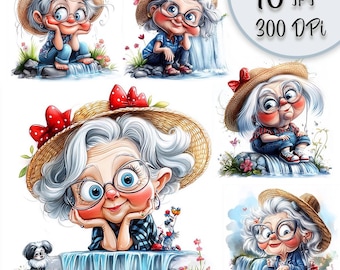 Watercolor Funny Grandma Clipart Set: Quirky Senior Woman Art (Digital Download)