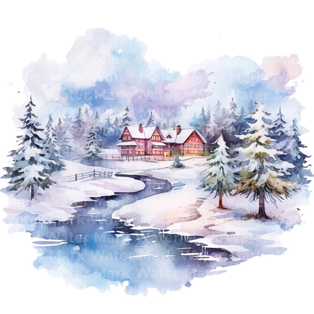 水彩画の冬の風景クリップアート：コテージの風景（デジタル