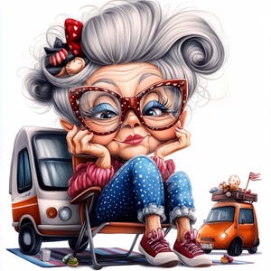 Clipart de anciana divertida en caravana, 12 JPG, acuarela, abuela, mujer, turista, diario basura, papel digital, artesanía, descarga digital, scrapbooking