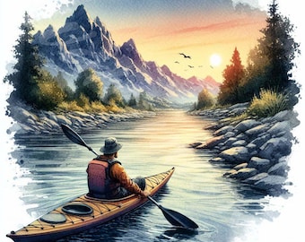 May include: A person in a kayak paddles down a river towards a mountain range in the distance. The sky is a vibrant orange and pink, with a few birds flying overhead. The river is calm and reflective, with a few rocks visible along the banks.