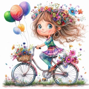 Cute Girl On Bicycle Clipart Floral Hair Art Colorful Bike Ride JPG Digital Download Printable Kids Room Decor Scrapbooks Cardmaking Crafts