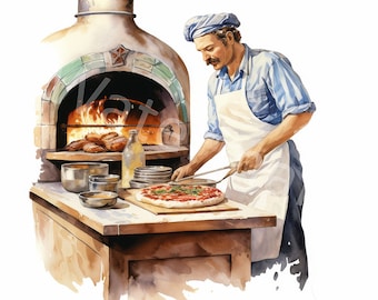Watercolor Italian Pizza Clipart: Pizzerman Illustration (Digital Download)