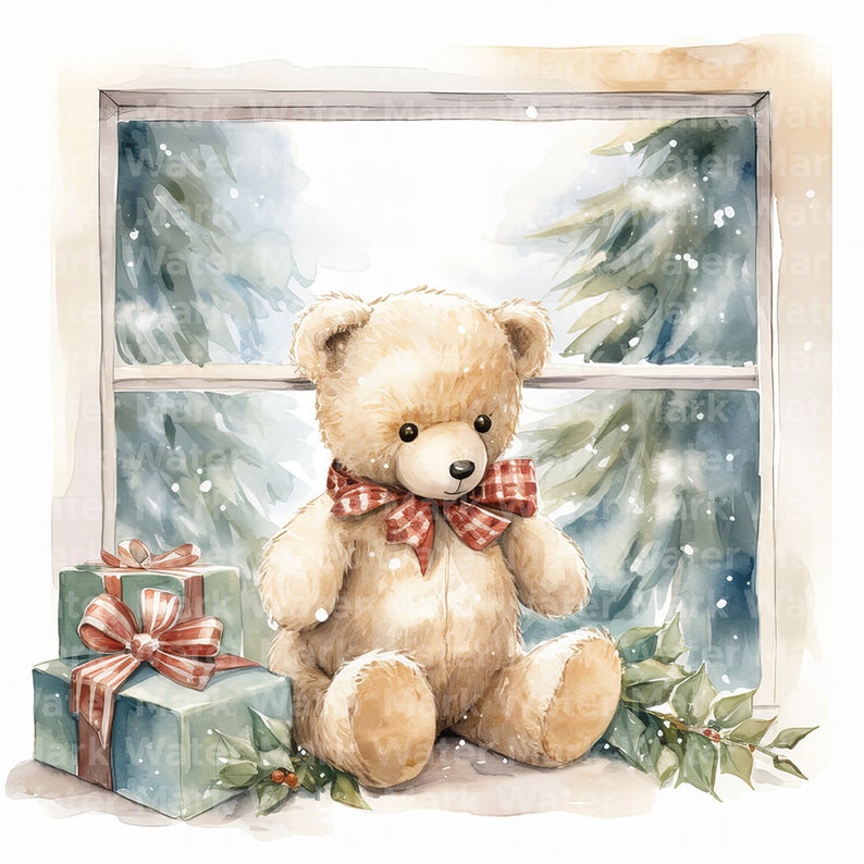 Watercolor Christmas Teddy Bear Clipart: Holiday Card Making (digital ...