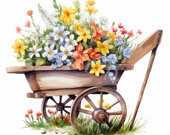 Watercolor Wheelbarrow Clipart: Spring Flowers, Garden Art (Digital Download)