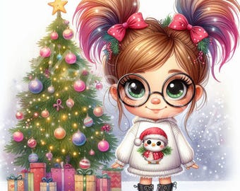 Christmas Girl Clipart: Watercolor Style Illustrations (Digital Download)