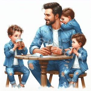 Vater mit Kinder Clipart, 12 jpg, digitaler Download, Vater mit Sohn und Tochter, Familie Clipart, Junk-Journal, Papierhandwerk, Scrapbooking