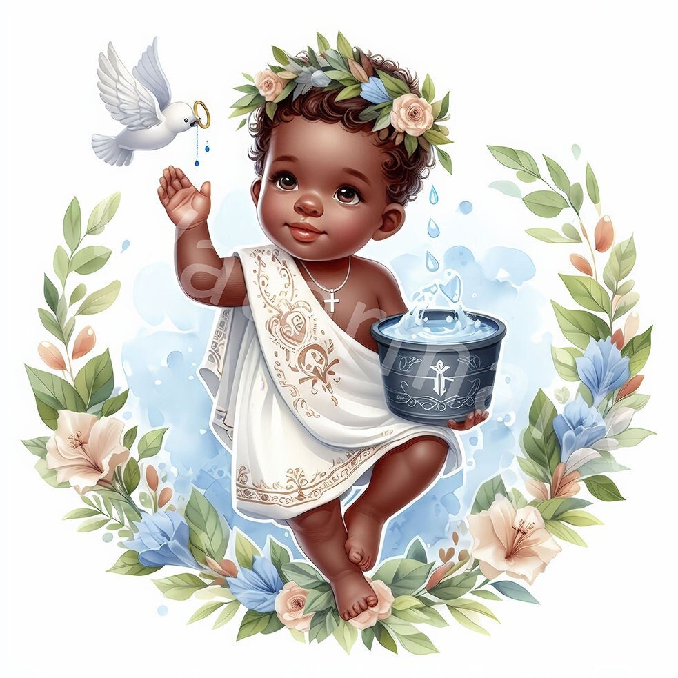 Baby Baptism Clipart: African American Boy, Watercolor Style