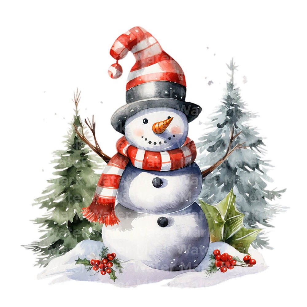 Christmas Snowman Clipart, 12 JPG , Watercolor Clipart, Card Making ...